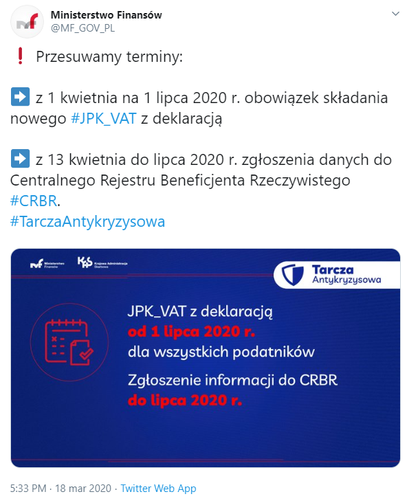Zrzut ekranu z twittera Ministerstwa Finansów wydłużenie terminów do składania dokumentów do CRBR